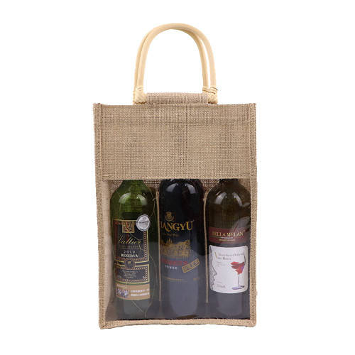 Vpang Eco-Friendly Burlap Wine Bottle Bag Jute Wine Bottle Tote with Cane Handle Gift Packaging Wine Bag Gift Bag Candy Bag for Christmas Holiday Decorations (Three Bottles)