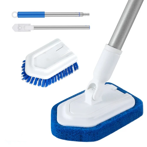 Shower Scrubber Cleaning Brush with Telescopic Long Handle, Wihxd 2-in-1 Tub and Tile Scrubber Brush with Replaceable Sponge Scrub Brush for Cleaning Bathroom Shower Bathtub Floor Tile