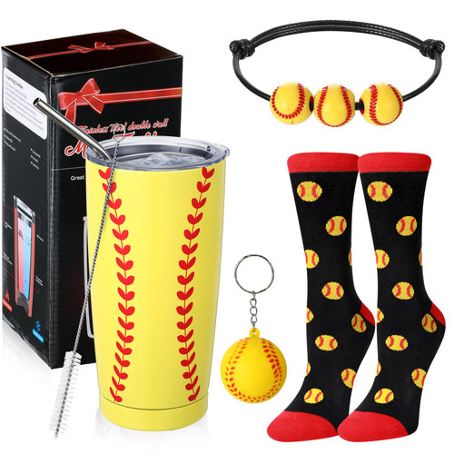 Umigy 4 Pieces Funny Softball Gifts for Women Men Teens, 20oz Softball Vacuum Insulated Stainless Steel Tumbler Mug with Lid, Novelty Softball Crew Sock, Sports Bracelet and Keychain