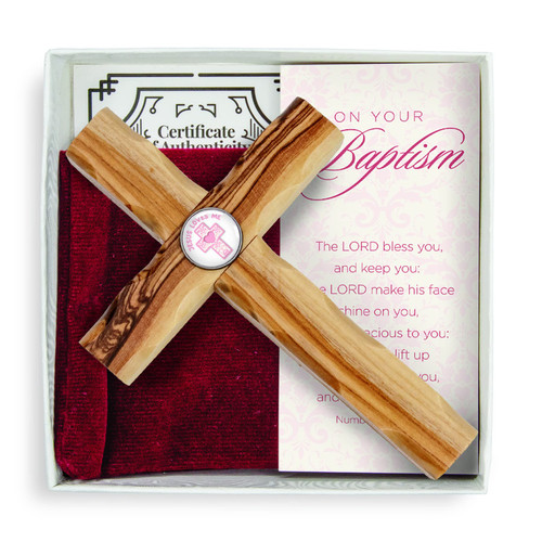 Girls Baptism Sacrament Cross, Boxed Gift Set with Certificate of Authenticity, Prayer Card, & Velvet Pouch, Catholic & Christian Holy Land Olive Wood from Israel Girls Baptism Sacrament Cross, Boxed Gift Set with Certificate of Authenticity, Prayer Card, & Velvet Pouch, Catholic & Christian Holy Land Olive Wood from Israel