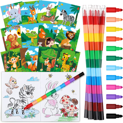 30 Pcs Jungle Animals Coloring Book and Crayon Set for Kids Party Favor, Include 24 Coloring Books and 6 Building Block Crayons Fun Jungle Book Zoo Animals Birthday Party Favor Bag Fillers Supplies