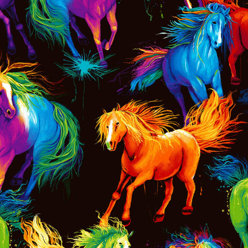 Timeless Treasures Painted Black Horses Tossed Digital Black/Multicolor Premium Quality 100% Cotton Fabric by The Yard.