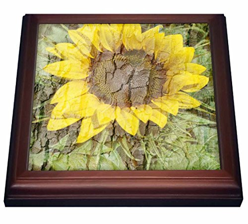 3dRose trv_29311_1 Yellow Sunflowers Bark Flower Photography Trivet with Ceramic Tile, 8 by 8", Brown