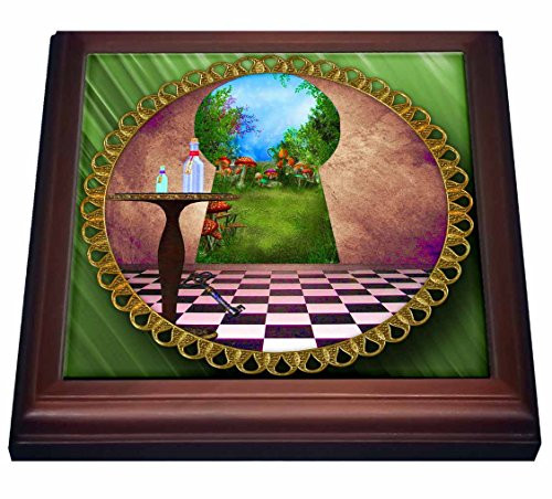 3dRose Through The Keyholes Alice in Wonderland Art Checkered Floor Bottle of Magic Water Trivet with Ceramic Tile, 8 by 8", Brown