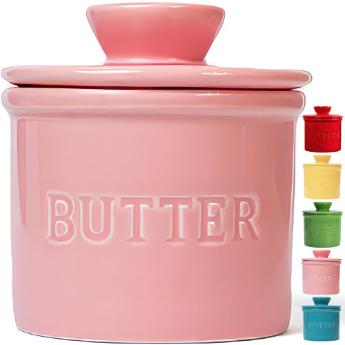 PriorityChef French Butter Crock for Counter With Water Line, On Demand Spreadable Butter, Ceramic Butter Keeper to Leave On Counter, French Butter Dish, Pink