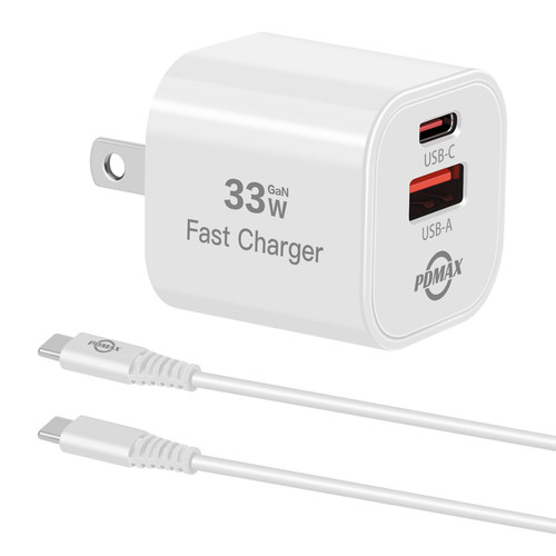 PDMAX iPhone 15 Charger Fast Charging, USB C Charger Block 33W GaN, Dual Port Type C & A Wall Charger with 6FT Cable for iPhone 15/15 Pro/15 Pro Max iPad Pro/Air/Mini Galaxy Pixel and More (White)