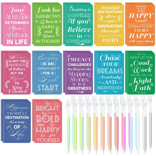 24 Pcs Mini Inspirational Notebooks Bulk with 24 Pcs Colorful Pens, Small Pocket Journal Notepads Set, Motivational Bulk Gifts for Women Men Teacher Student Kids, Fun School Office Supplies,3.5"x5.5"