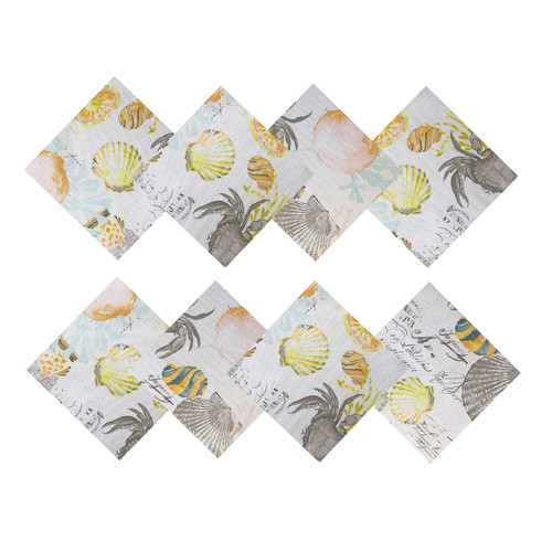 Newbridge Coastal Bay Seashell Indoor/Outdoor Fabric Napkins - Sea Life, Coral and Shell Print Soil Resistant, Water Repellent Fabric Napkins, Set of 8 Napkins