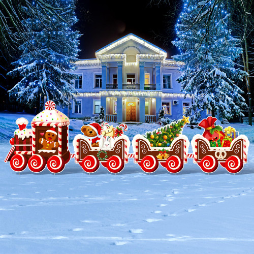 Marsui 4 Pieces Christmas Decorations Outdoor Yard Train Lawn Sign Gingerbread Santa Snowman Heart Yard Sign with 8 Yard Stakes for Outdoor Christmas Decorations (Warm Style)