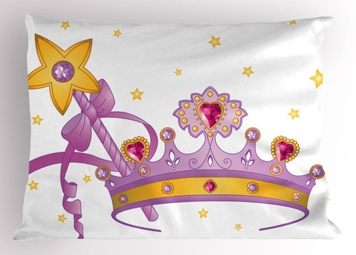 Lunarable Cartoon Pillow Sham, Crown and Wand with a Star Gem on Tiara Girls Print, Decorative Standard Size Printed Pillowcase, 30" X 20", Pink Lilac Yellow