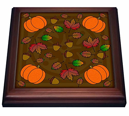 3dRose trv_15420_1 Thanksgiving Print Fall Leaves, Acorns and Pumpkins Trivet with Ceramic Tile, 8 by 8", Brown