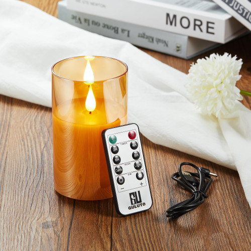 Guluto Rechargeable Battery Operated Flickering Flameless Candles with Remote and Timer, led Candle with 3D Wick Last 1000+ Hours Real Wax Electric Candle Pillar Candle for Home, Gold Glass /3" x 6" Guluto Rechargeable Battery Operated Flickering Flameless Candles with Remote and Timer, led Candle with 3D Wick Last 1000+ Hours Real Wax Electric Candle Pillar Candle for Home, Gold Glass /3" x 6"