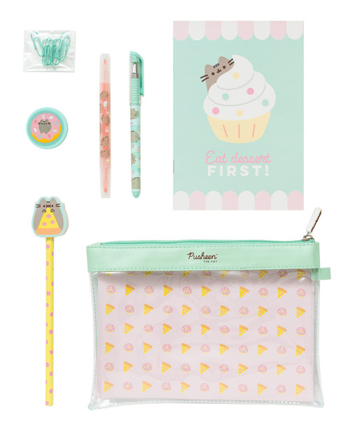 Grupo Erik Pusheen Foodie Super Stationery Set - Pens and Pencil with Eraser Topper - Large Pencil Case - Paper Clips - Sharpener - Notes - Pusheen Pencil Case - Pusheen Gift - Kawaii Stationery