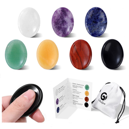 GolbalJew 7PCS Thumb Worry Stones for Anxiety Healing Crystals Sets, 7 Chakra Crystals and Healing Stones, Meditation Crystal Reiki Natural Relax Palm Stone for Anxiety Therapy Relief