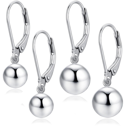 Fiklon Fashion Ball Dangle Drop Earrings for Women, 925 Sterling Silver Leverback Earrings White Gold Plated Small Round Balls Earring Hypoallergenic Jewelry (2Pairs_Silver_8+10)