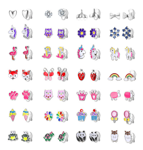 Fansilver 28 Pairs Clip On Earrings for Women Girls Non Pierced Earrings Animal Flower Star Butterfly Clip Earrings Set Cute Clip on Earrings for Teens Girls, Silver