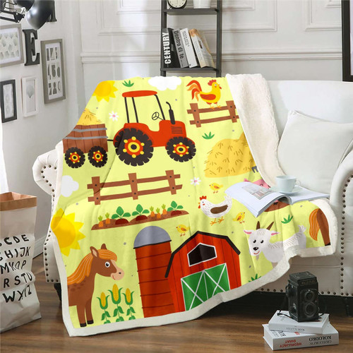 Farmhouse Animal Throw Blanket for Couch for Kids Boys Girls Farm Truck Tractor Fleece Blanket, Cute Horse Pig Sherpa Blanket Country Goat Rooster Bird Blanket, Cartoon Wildlife Bed Blanket