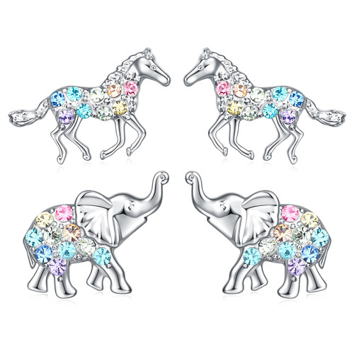 2 Pairs Horse Elephant Stud Earrings for Women,Horses Elephants Earring Gifts Jewelry for Girls (Horse Elephant 2)
