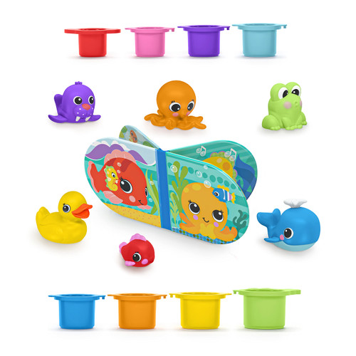 Bright Starts Splash, Splash Baby 15pc Bath Set - Waterproof Book, Rubber Ducky, Animal Toys and Stacking Cups, Unisex, 6 Months+