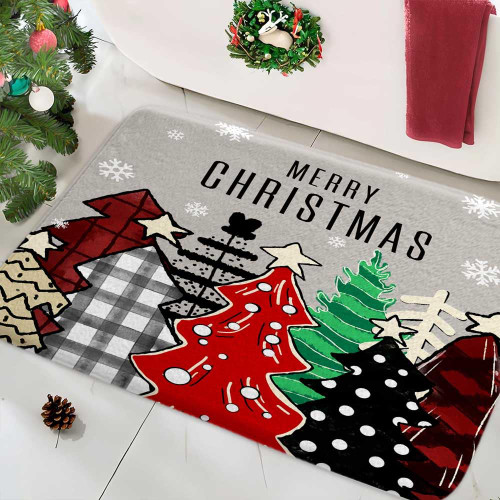 Boziqr Merry Christmas Bath Mat, Colorful Christmas Trees Bathroom Rugs, Winter Snowflakes Grey Bath Rugs for Bathroom Bedroom Decor 17 x 29 Inches