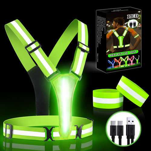 BEBJUIL LED Reflective Vest,3 Pack Light Up Running Gear with Reflector Armbands,High Visibility Reflective Glow Belt,Rechargeable Light Up Running Vest for Running,Jogging,Walking,Cycling