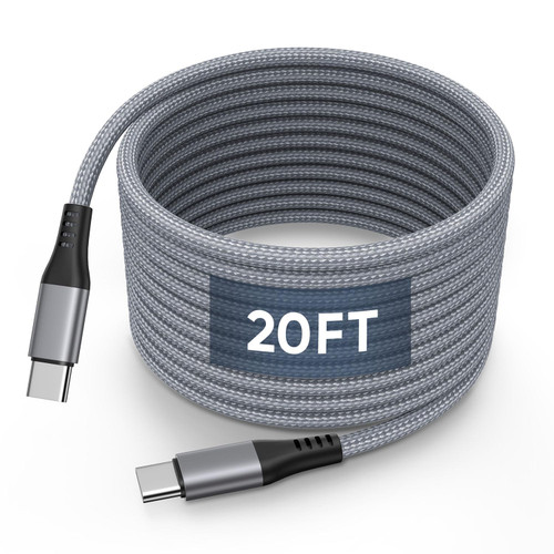 USB C to USB C Cable [20FT/6M 60W ], Extra Long Type C Fast Charging Cable, Nylon Braided PD Type C to Type C Charger Cord for iPhone 15 Pro Max Galaxy iPad Pro Switch Pixel & USB-C Phone Laptop, Gray