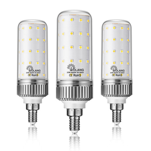 Aolang E12 LED Bulbs,25W LED Candelabra Bulbs,200 Watt Equivalent, Daylight White 6000K Chandelier Bulbs, E12 Base Ceiling Fan Light Bulbs, 85V-265V, 2500Lumen Corn Bulbs, Non-Dimmable (3 Pack)