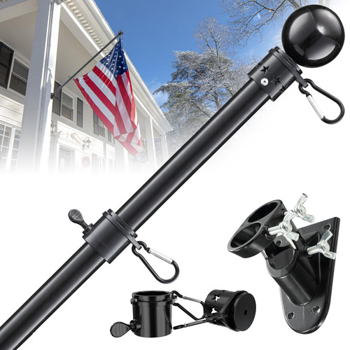 Aeaskiey 7 FT Flag Pole, Flag Pole Kit with Holder, Black Flag Poles for Outside House, Long Metal Flagpole Heavy Duty, Adjustable Flag Pole for 3x5 Flags Outdoor with Tangle Free Rings