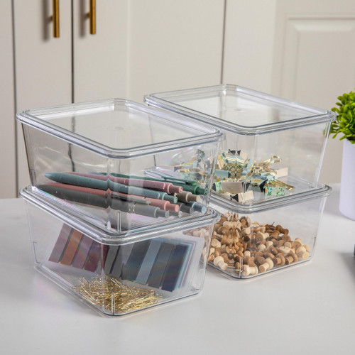 Martha Stewart Brody Plastic Storage Organizer Bins with Transparent Lids for Home Office, Kitchen, or Bathroom, 4 Pack, 6.75" x 5"