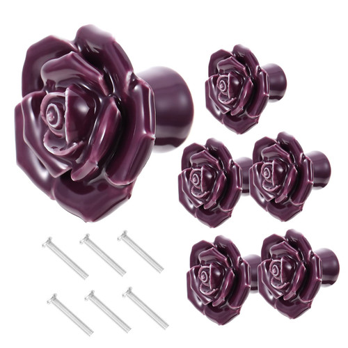 ARTIBETTER 6Sets Ceramic Handle Rose Dresser knobs Drawer Pull Dresser Pull Furniture Door Handle Flower Door knobs Closet Drawers Decorative Drawer Knob Ceramics Cabinet Pull Cupboard Purple