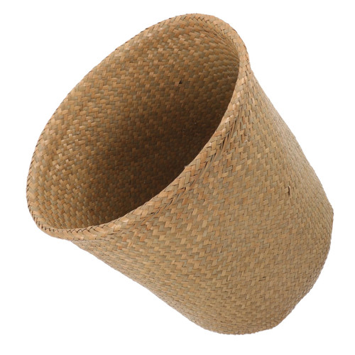 Happyyami Household Straw Trash Can Office Trash Cans Trash Can Black Woven Trash Can Household Waste Basket Small Black Trash Can Room Waste Basket Desktop Wastebasket Flower Vessel Seaweed