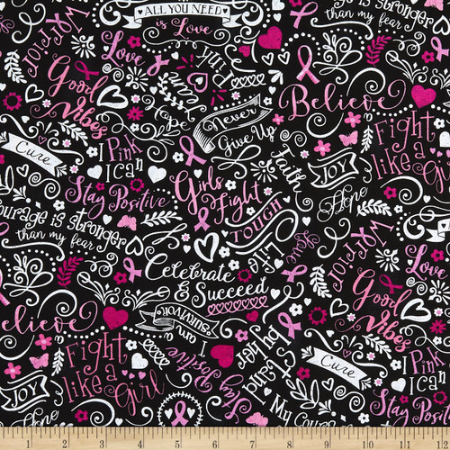 Timeless Treasures Pink Ribbon Breast Cancer Chalkboard Black, Fabric by the Yard