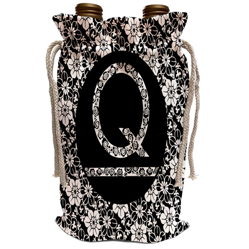 3dRose Russ Billington Monograms - Pretty Black and White Floral Monogram Letter Q - Wine Bag (wbg_241324_1)