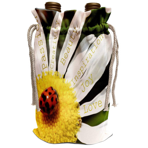 3dRose Patricia Sanders Flowers - Inspirational Words Ladybug on a Daisy- Affirmations- Flowers - Wine Bag (wbg_40136_1)