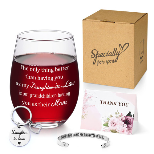 DAZLUTE Mothers Day Gifts for Daughter in Law, Daughter in Law Gifts for Daughter in Law Mothers Day Birthday Christmas, Daughter in Law Stemless Wine Glass with Keychain Greeting Card Bracelet, 17oz DAZLUTE Mothers Day Gifts for Daughter in Law, Daughter in Law Gifts for Daughter in Law Mothers Day Birthday Christmas, Daughter in Law Stemless Wine Glass with Keychain Greeting Card Bracelet, 17oz