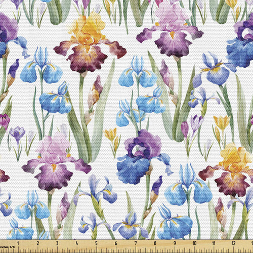 Lunarable Iris Flower Fabric by The Yard, Romantic Watercolor Garden of Hyacinths with Spring Cheer Feels Print, Decorative Fabric for Upholstery and Home Accents, 1 Yard, White and Multicolor