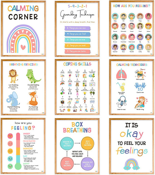 BEAWART 9 Calming Corner Classroom Posters, Mental Health Posters Therapy Office Decor ,Calm Down Corner Coping Skills Wall Art for Kids Toddler Classroom Preschool Homeschool Decoration, Feelings Chart For Kids Educational Posters For Classroom