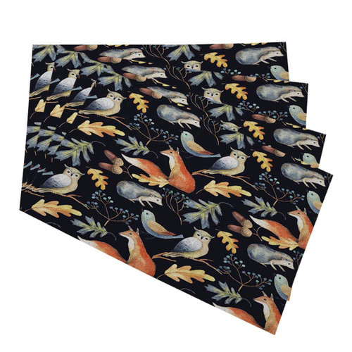 Mugod Animal Placemats Owl Bird Fox Hedgehog Leaves Branches Berries Acorns Seamless Pattern Decorative Heat Resistant Non-Slip Washable Place Mats for Kitchen Table Mats Set of 4 12"x18"