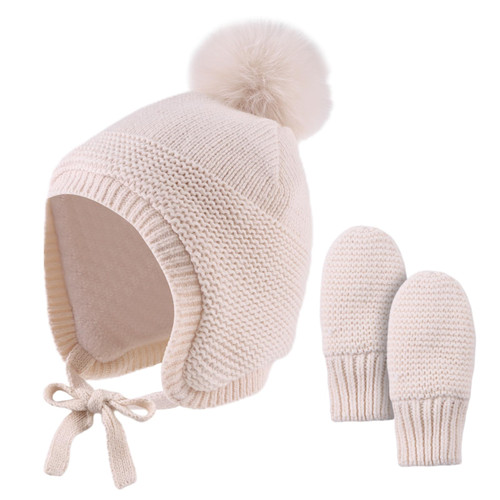 Basic Winter Baby Beanie Gloves Boys Girls Knitted Hat Pompom Kids Earflap Hats Warm Infant Toddler Beanie Mittens Set(Beige(Hat+Gloves),S)