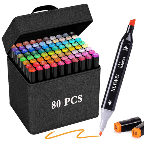 HLYWEI Alcohol Markers Brush Tip 80 Color Dual Tip Art Marker Set for Artist Alcohol Based Makers with Case Chisel Tip Markers for Kids Adults Artists Coloring Sketching Drawing