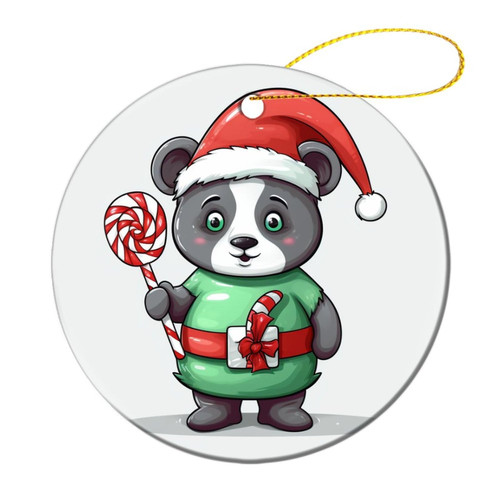 Panda Bear Holding A Candy Cane Christmas Ceramic Ornament Panda Lover 3" Circle Ceramic Ornament Keepsake Funny Christmas Hanging Tree Decor Ornament Xmas Gift