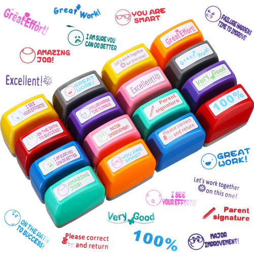 16 Pcs Teacher Stamps for Grading Classroom Motivation School Grading Stamps Encouraging Comments Teacher Supplies for Classroom Self Inking Stamps for Teachers Colorful Classroom Stamps (Warm Style)