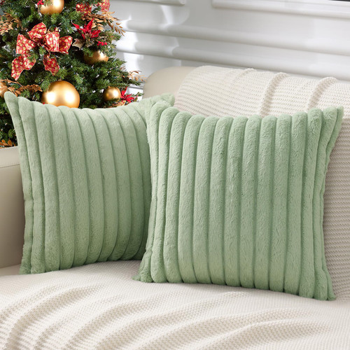 Pallene Faux Fur Plush Throw Pillow Covers 18x18 Set of 2 - Luxury Soft Fluffy Striped Decorative Pillow Covers for Sofa, Couch, Living Room - Sage Green