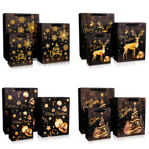 12 Pack Assorted Sizes Christmas Gift Bags, Extra Large 16", Large 12.6", Medium 9.5", Xmas Paper Bags Set with Handles, Reusable Holiday Black Bags Bulk for Present Wrap Decor