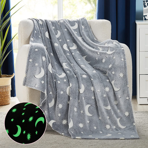 L'AGRATY Glow in The Dark Blanket - Grey 50" x 60" Soft Star Moon Kids Throw Blanket for Boys Personalized Cute Star Moon Fleece Plush Blanket Gifts Toys As Thanksgiving Birthday Christmas Easter Gift