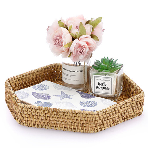 Hipiwe Natural Rattan Serving Tray with Handle, Decorative Wicker Tray for Coffee Table Keys Basket for Entryway, Hand-Woven Fruit Storage Basket Food Organizer Tray for Breakfast Snack