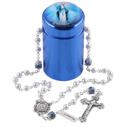 HanlinCC 6mm White Glass Pearl Beads Catholic Rosary Necklace with Miraculous Blue Catholic Metal Gift Box for Women and Girls (White Miraculous Rosary)