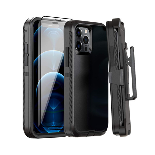 Case for iPhone 12 Pro Max Case 6.7" Belt-Clip Kickstand Holster with 2 Screen Protector,Full Body Rugged Heavy Duty Military Grade Shockproof/Drop Protection Cover (Black+Clip)