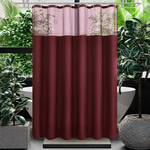 Gibelle Waffle Weave Shower Curtain with Mesh Top Window and Hooks Set, Spa Like Hotel Style Fabric Shower Curtain for Bathroom, Burgundy, 72x72