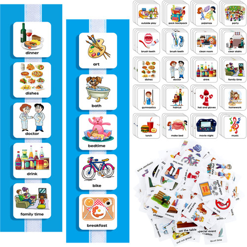 133 Pieces Visual Schedule Cards Daily Routine Cards Home Chore Chart Autism Learning Materials Wall Kids Planner with 6 Blue Background Cards 139 Hook and Loop Dots for Home School Education